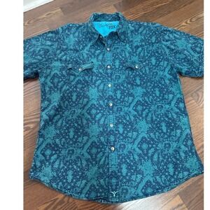 Wrangler 20X Western Shirt Mens Large Blue Green Paisley Short Sleeve